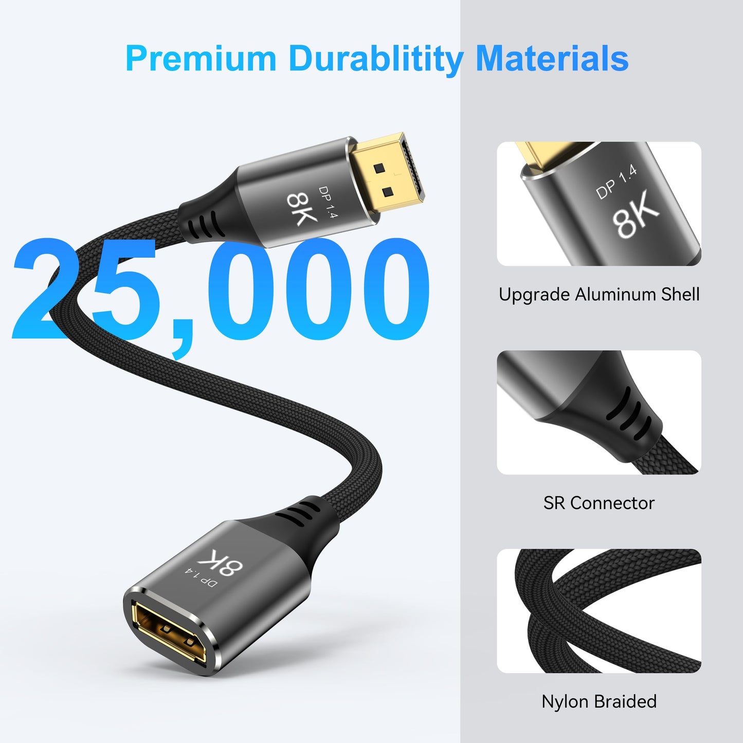 DGHUMEN 8K DisplayPort Extension Cable 3Feet, DisplayPort 1.4 Male to Female Extension Cable, Braided DP to DP Extended Cord, Supports