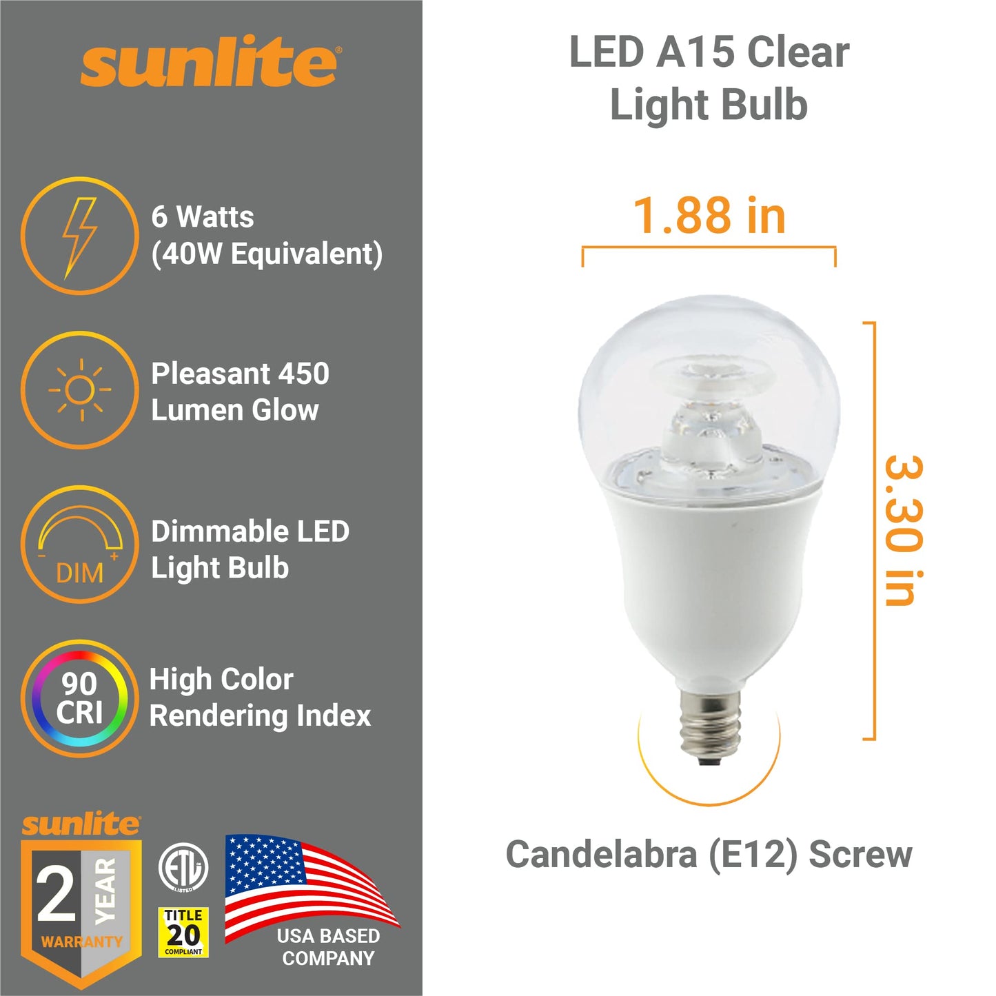 Sunlite 80135 LED A15 Appliance Clear Light Bulb, 6 Watts (40W Equivalent), 450 Lumens, Candelabra Base (E12), 90 CRI, Dimmable, ETL Listed, Ceiling