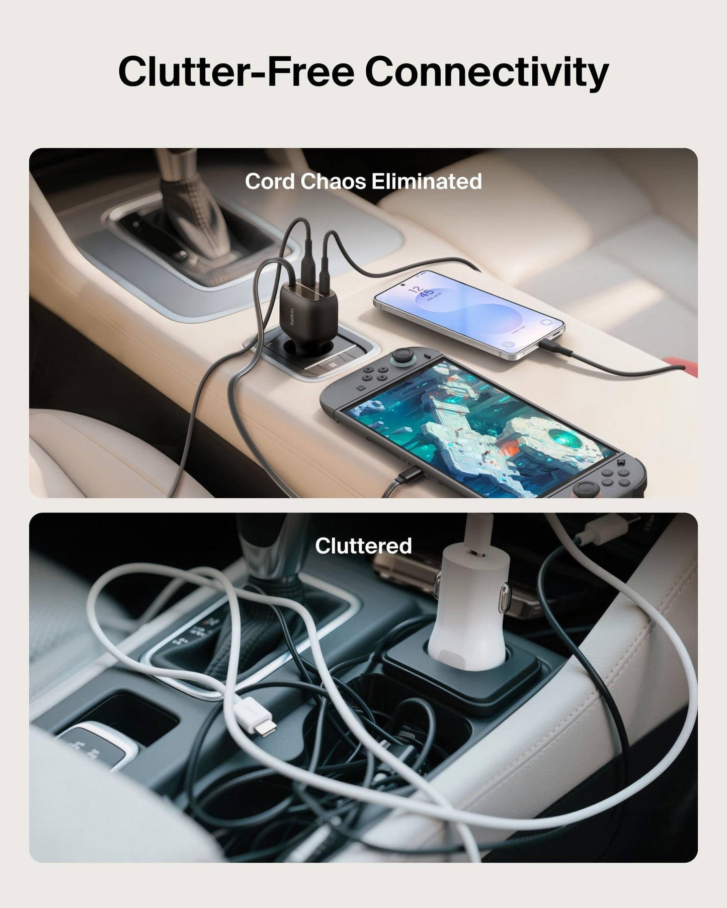 Belkin USB C Car Charger 75W w/ 30in USB C Retractable Charger, Compatible with iPhone 17 & 16 Series, Galaxy S26 Series, AirPods, Tablet, MacBook