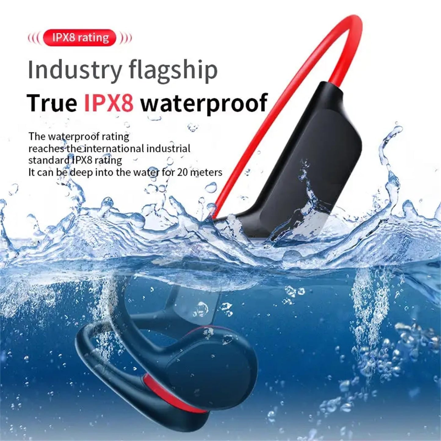 GZCRDZ IPX8 Waterproof Bone Conduction Headphones X7s Bluetooth 32GB MP3 Swim Sports Wireless Earphone with Mic HiFi Bass Music Stereo (Red)