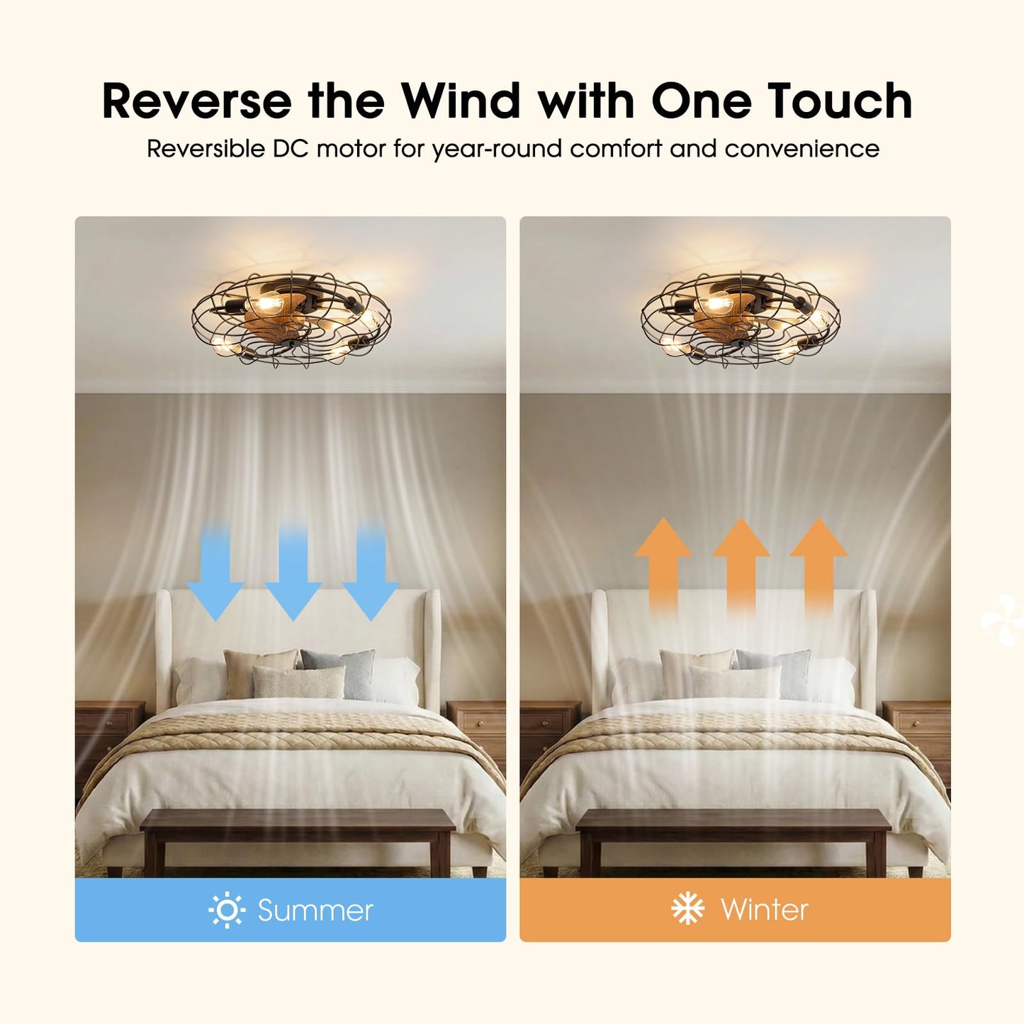 Kaullyzu Caged Ceiling Fan with Light and Remote, 24" Farmhouse Low Profile Ceiling Fan with Lights, Quiet Reversible DC Motor, 6-Speed Enclosed