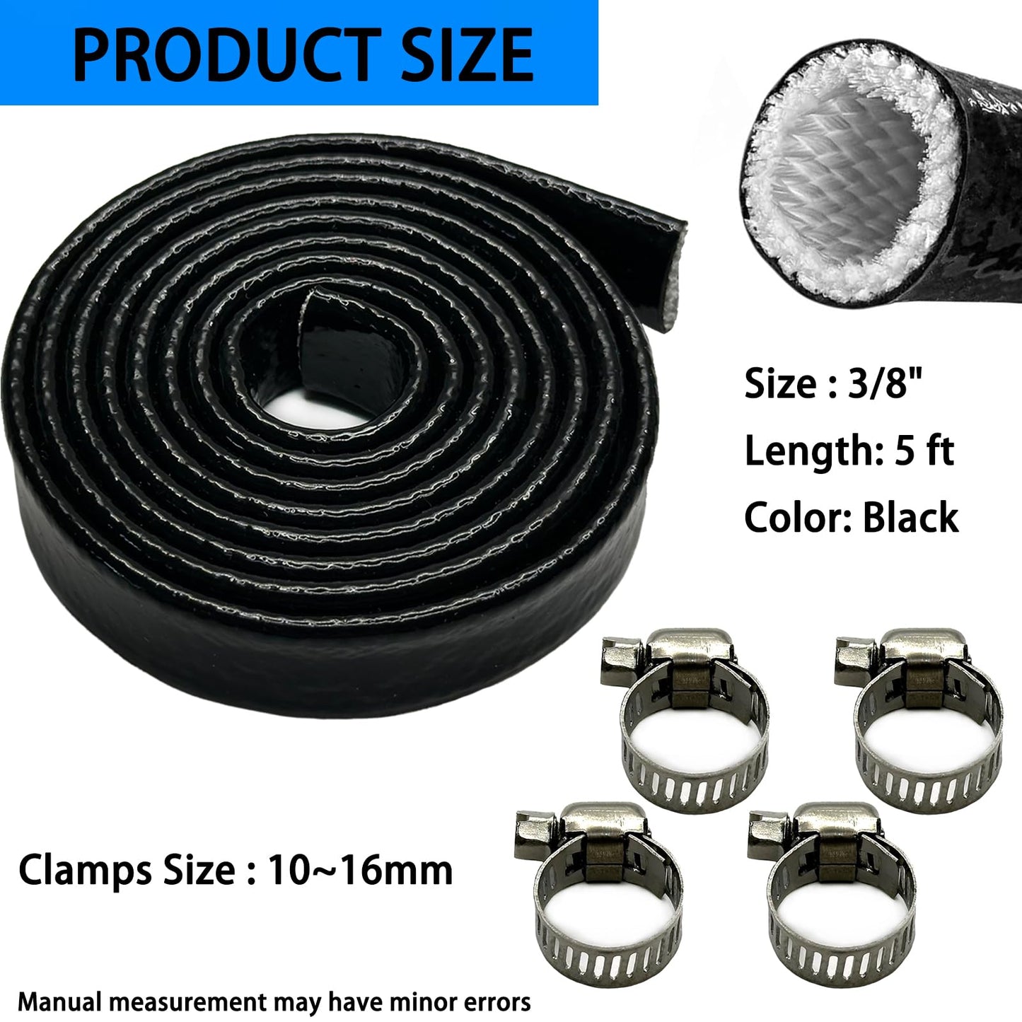 TSYCWQ 5Ft 3/8" Flame-Retardant & Heat-Insulating Silicone Coated Fiberglass Casing with 4 Stainless Steel Clamps - Heat Protection Fit for Automotive
