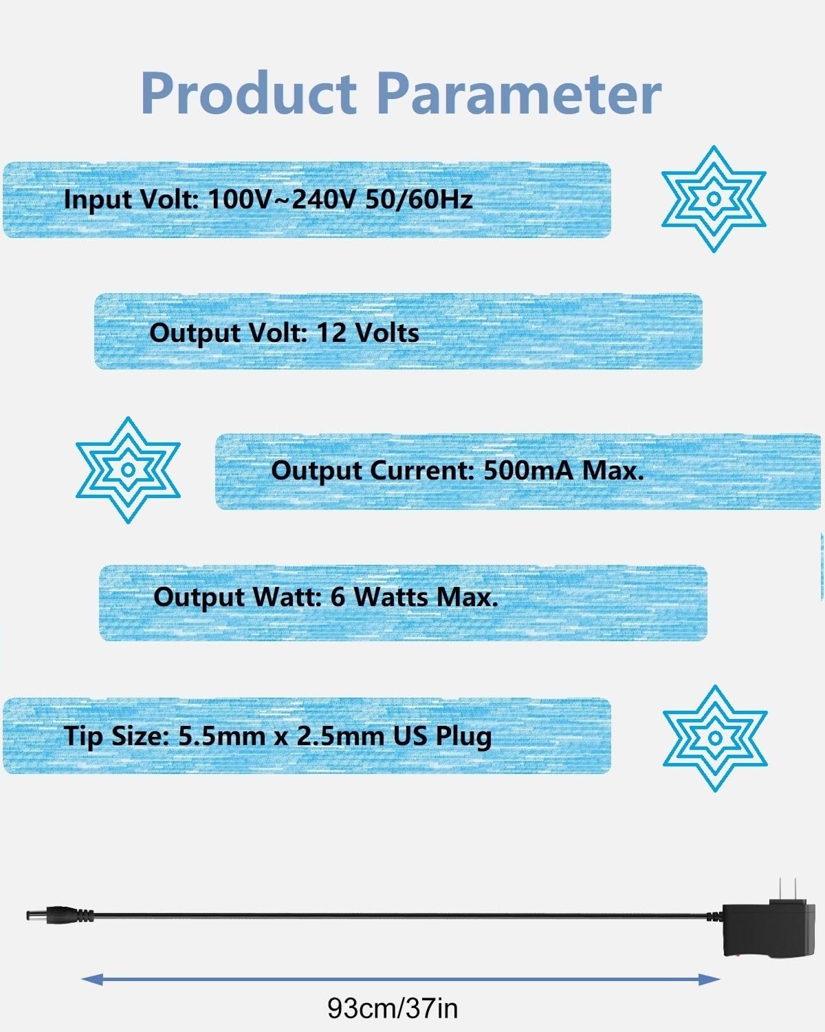 12V DC Power Supply 0.5A 500mA Universal AC Adapter, 100-240 50/60Hz Adapter to 12 Volts 0.5Amp Transformer, DC 12V Power Cord, 5.5mm x 2.5mm Plug
