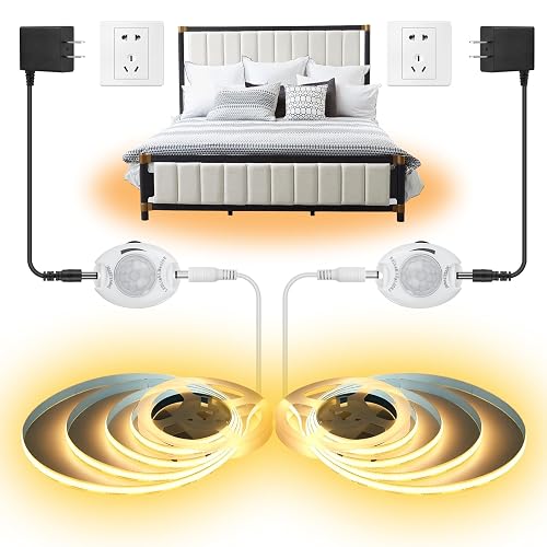 Taormey Motion Activated COB LED Strip Bed Lights, 2 x 6.56Ft Warm White COB LED Strip Motion Sensor Under Bed Lights,12V Dimmable Motion Sensor Night