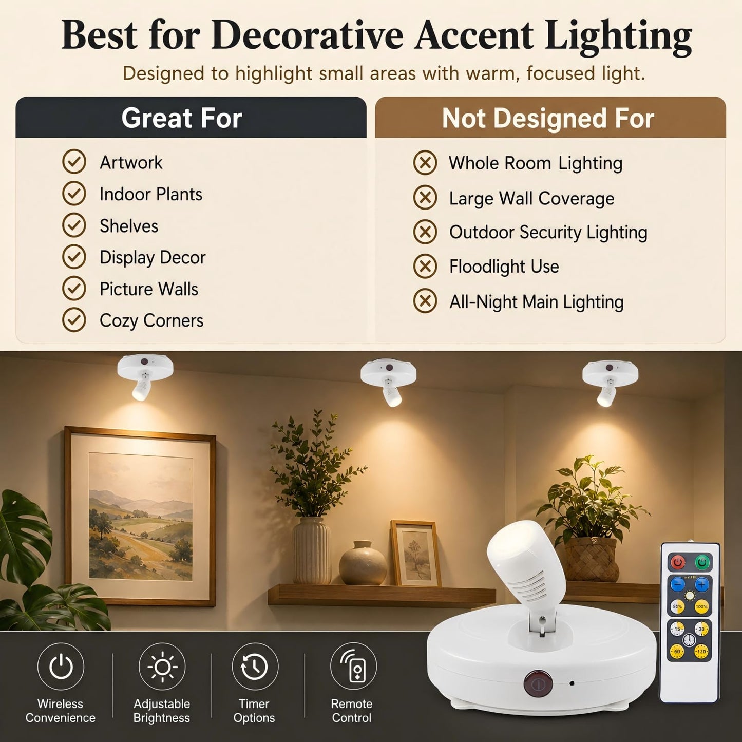 HONWELL Wireless LED Spotlights 2 Pack Accent Light Puck Lights with 2 Remote, Indoor Closet Lights with Rotatable Head,Stick on Artwork Lighting