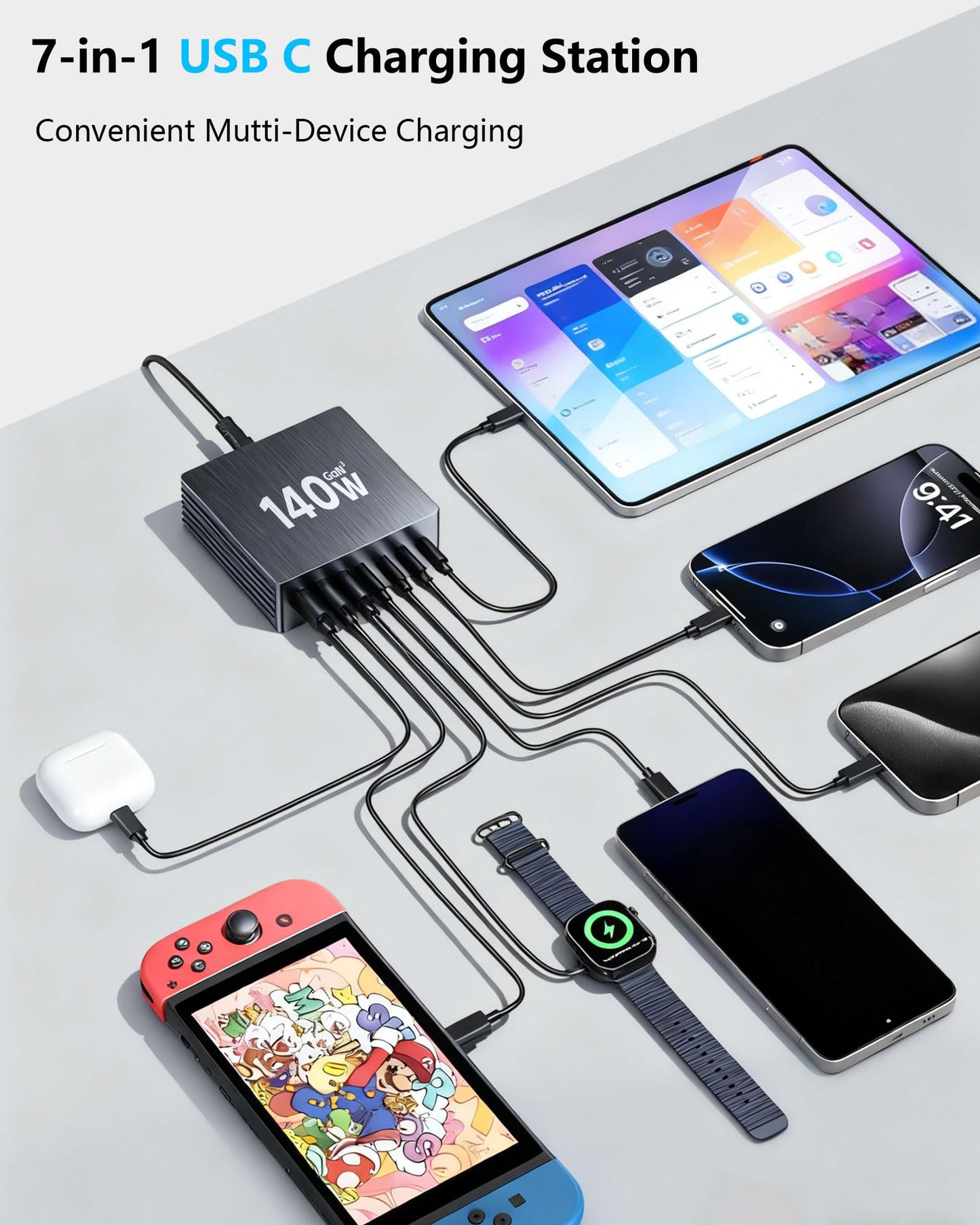 USB C Charging Station, 140W GaN III 7 Port Fast Charger Station, PD 3.0 USB Charging Station for Multiple Devices, Multiple USB C Charger Station
