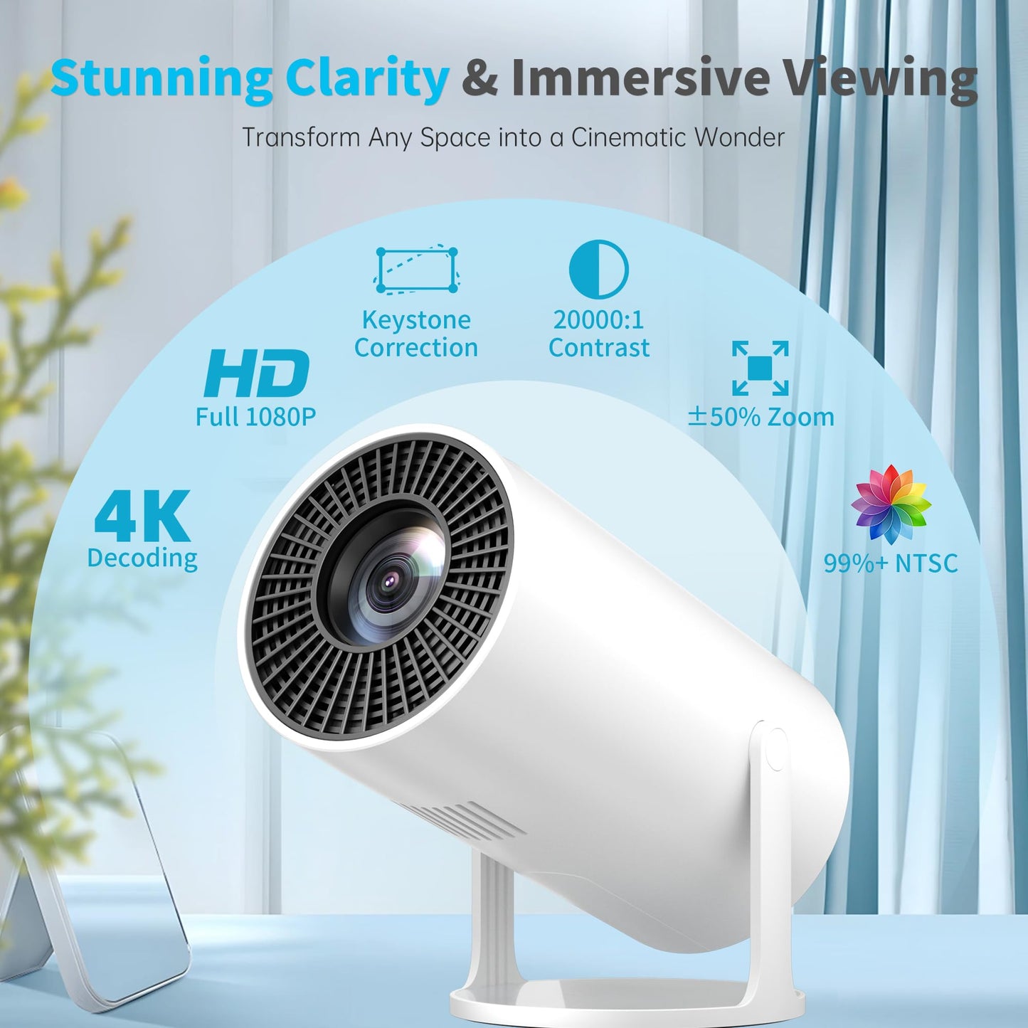 Mini Projector Portable Proyector 4K Support, Full HD 1080P Small Projector with 270° Rotatable Stand, Movie Projector Compatible with TV