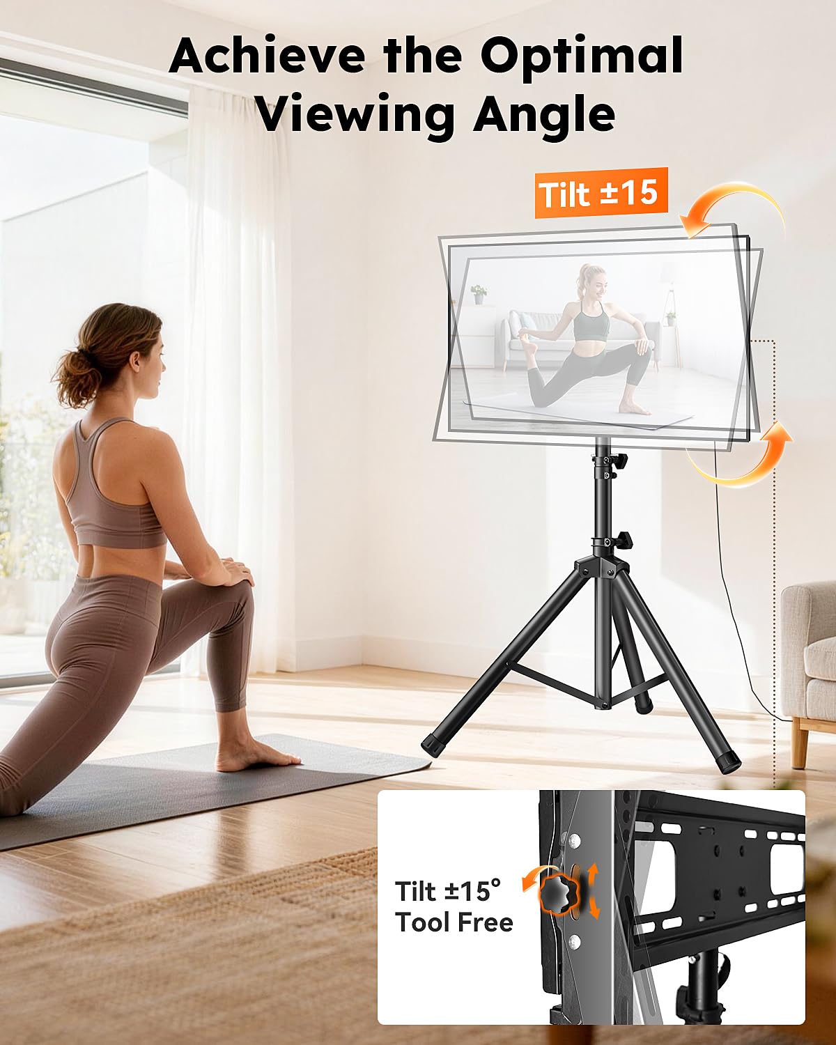 Vanteek Portable Tripod TV Stand for 32-75 inch TVs, Heavy Duty Outdoor Height Adjustable Floor TV Stand with 15° Tilt for Flat/Curved Screens, Holds