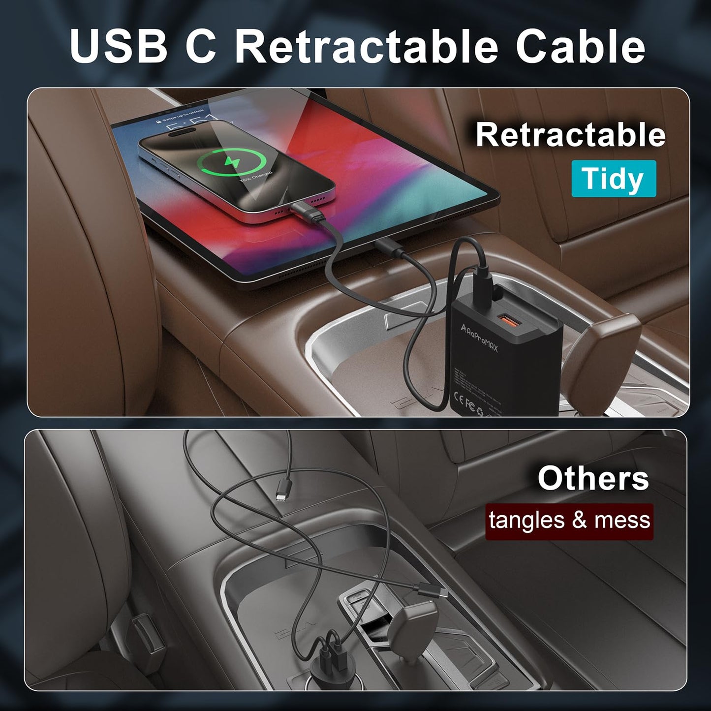 Retractable Car Charger, Total 75W Fast Charger 3 in 1 USB C Car Adapter, Retarctable Type C Cable (30 inch) and 2 USB Ports, Compatible with iPhone