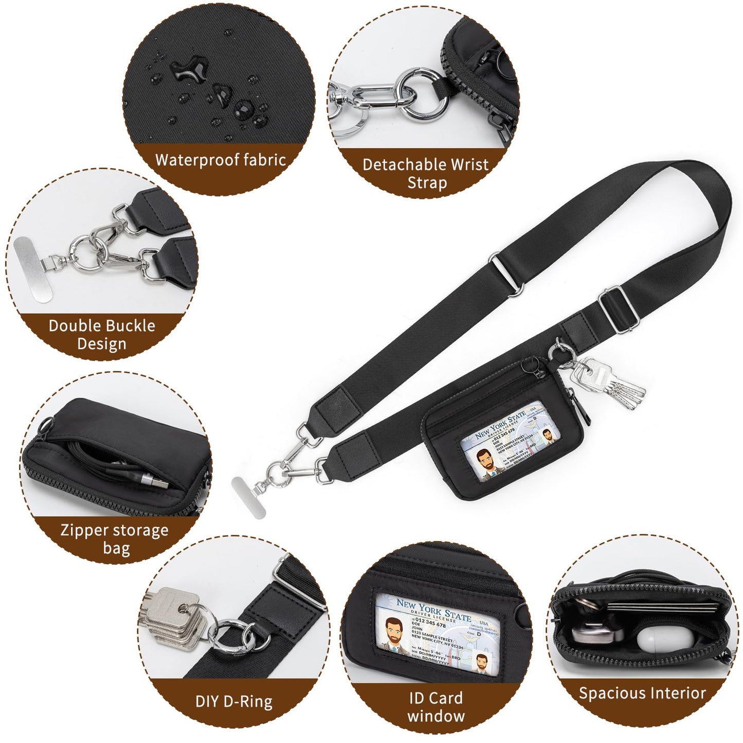 RsAingT Wristlet Wallets Keychain for Women, Clip and Go Strap for Phone with Clear ID Window Zipper Coin Purse(Black)