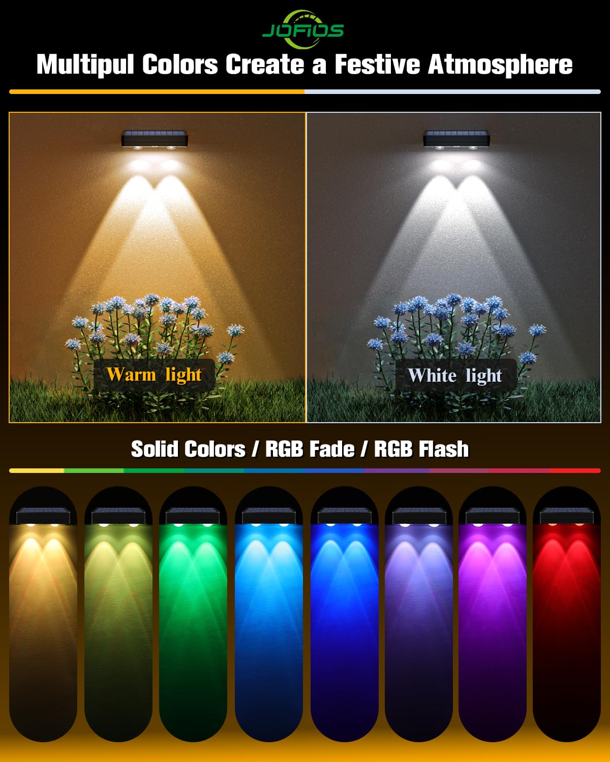 JOFIOS Solar Fence Lights 12 Pack, 50 Lumens Outdoor Fence Solar Lights with 12 Modes RGB Color Glow LED Solar Lights Outdoor Waterproof, Solar Lights