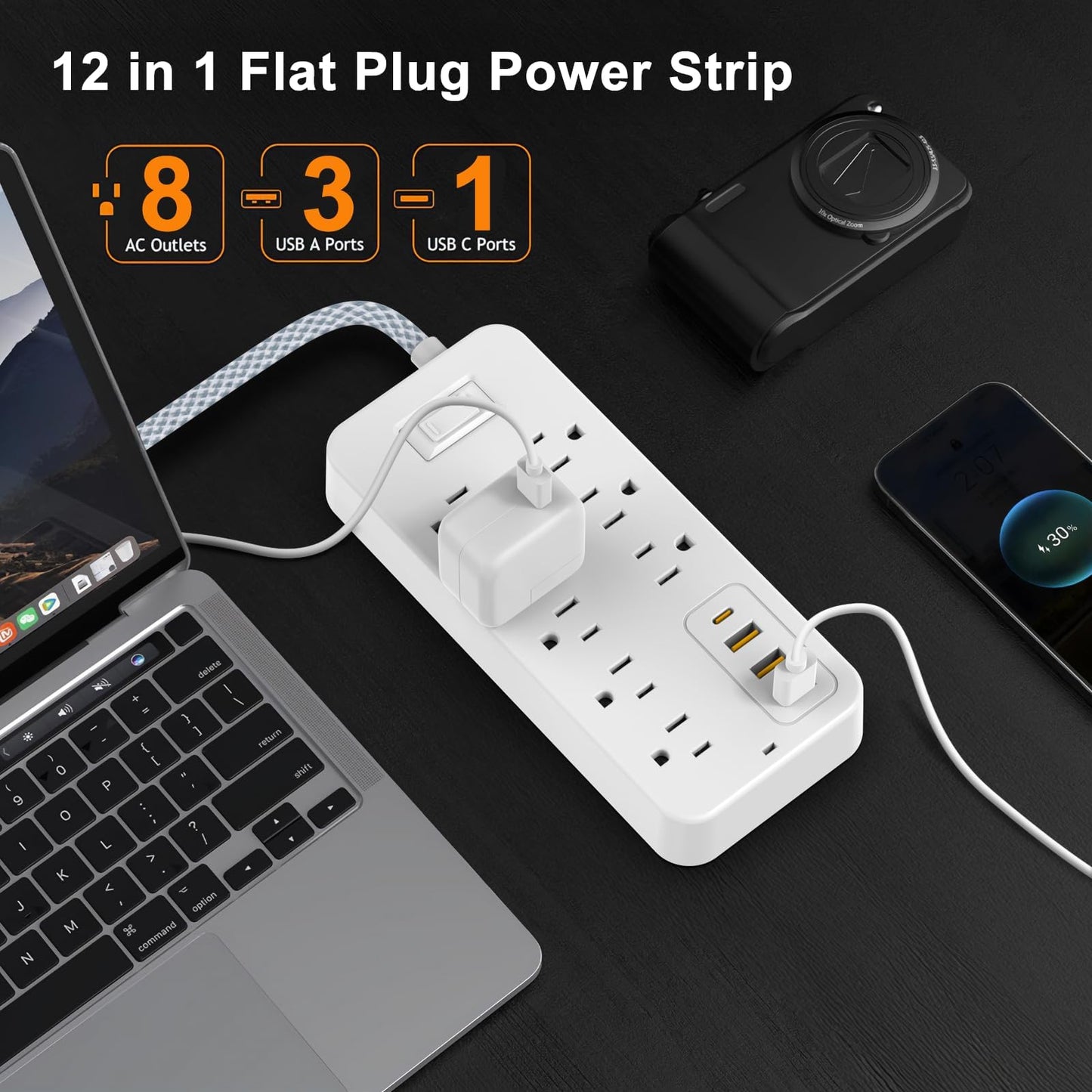 Power Strip Power Bar, Muti-Outlets Ports Desktop Charging Station, Flat Plug Overload Surge Protection Outlet Strip, USB Ports, Extension Cord, Wall
