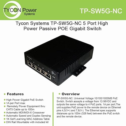 Tycon Systems TP-SW5G-NC 5 Port High Power Passive POE Gigabit Switch - 12-56V
