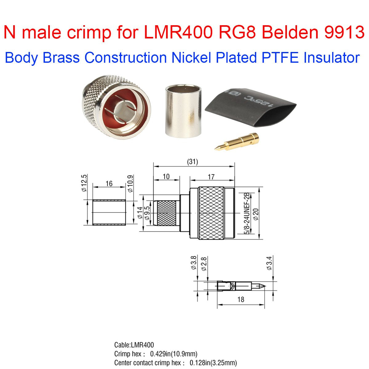 Riotaxy N Male Crimp Connector for LMR400 Belden 9913 RG8 - Nickel Machined Brass Construction - Pack of 2