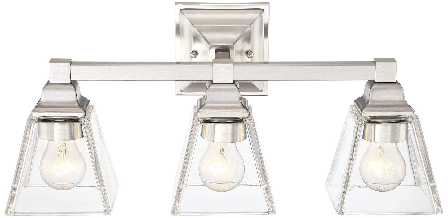 Regency Hill Mencino Mid Century Modern Wall Light Satin Nickel Silver Metal Hardwired 20" Wide 3-Light Fixture Clear Glass Cone Shade for Bathroom