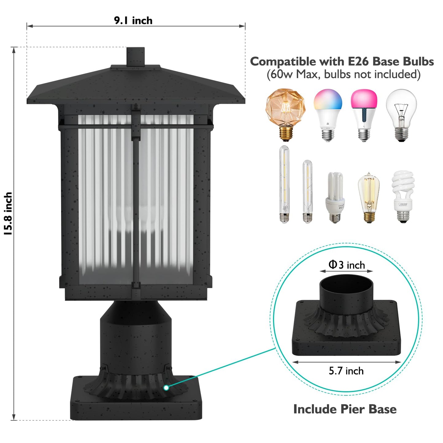 Yoenecea Modern Outdoor Post Light, Aluminum Lamp Post Light Fixture with Ribbed Glass, Soptted Black Outside Pole Lighting with 3-Inch Pier Mount