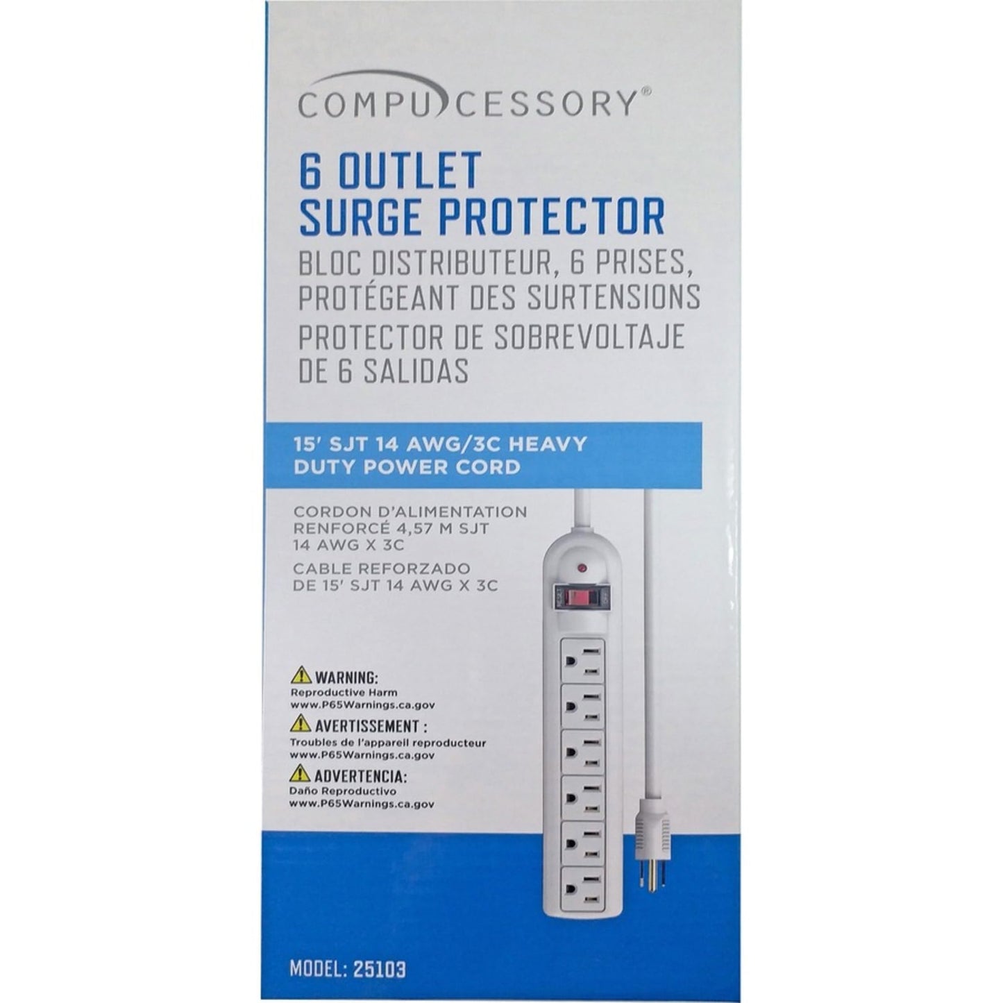 Strip Surge Protectors,1080 Joules,6 Outlets,15', Light Gray