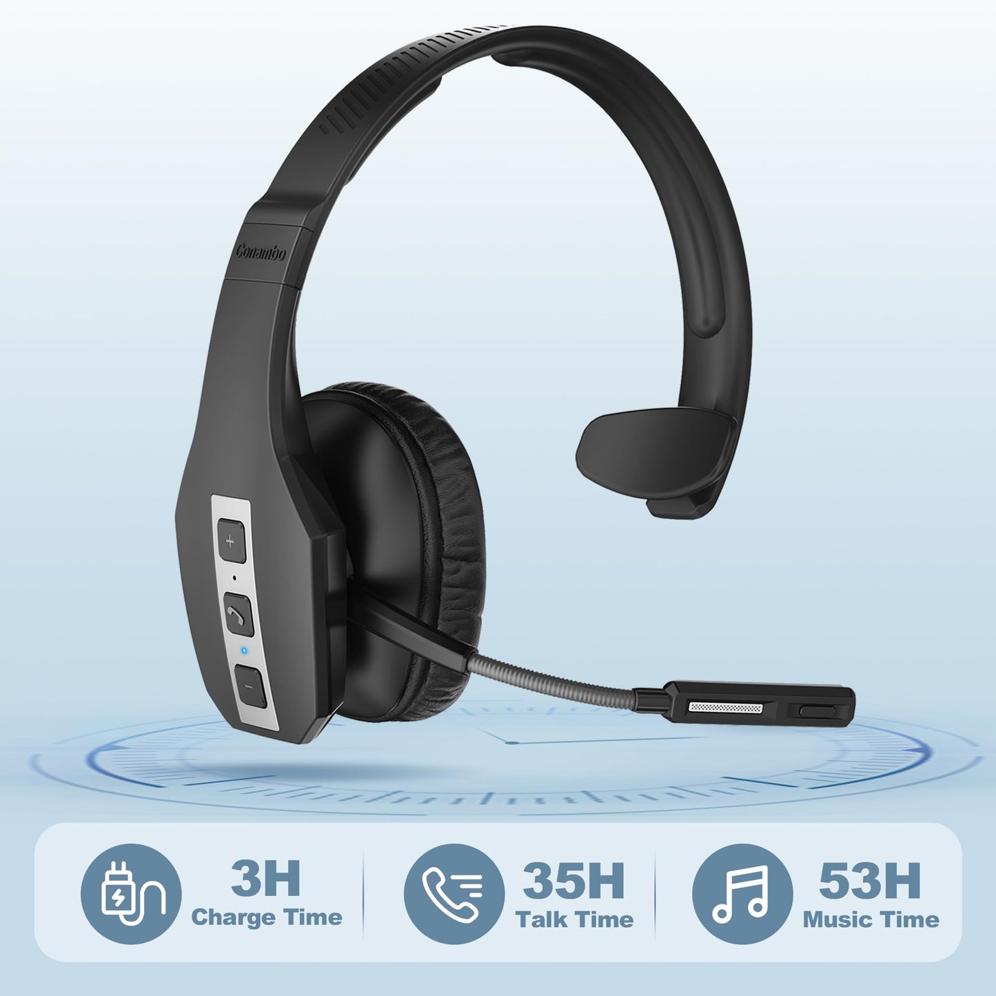 Conambo JBT600 Trucker Bluetooth Headset with Tri-Mic Noise Cancelling, CVC 8.0, Mute Button & 60Hrs Battery Life - Wireless Headset for Truck
