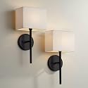 Possini Euro Design Favreau Modern Wall Light Sconces Set of 2 Black Hardwired 8" Fixture White Rectangular Linen Shade for Bedroom Living Family Room