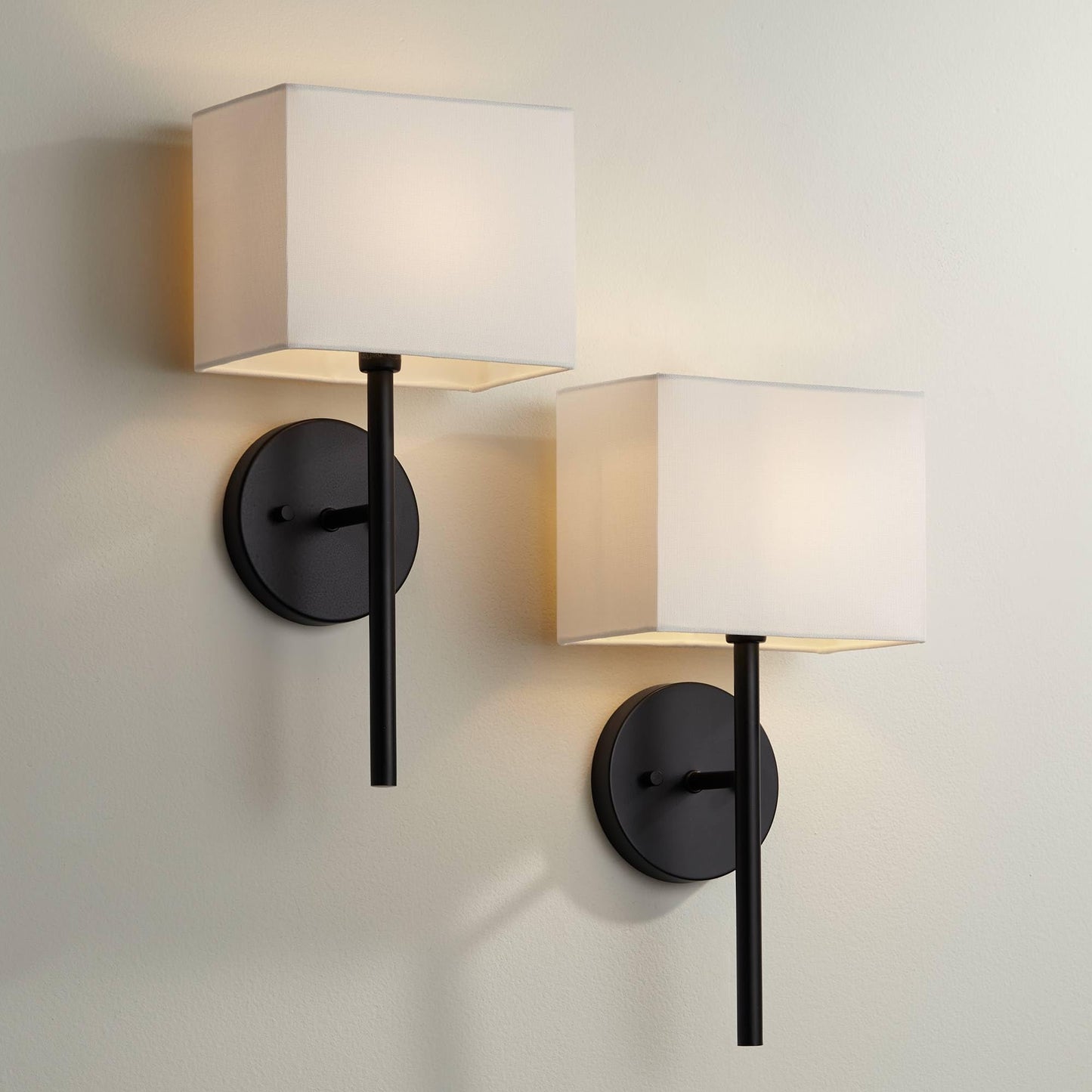 Possini Euro Design Favreau Modern Wall Light Sconces Set of 2 Black Hardwired 8" Fixture White Rectangular Linen Shade for Bedroom Living Family Room