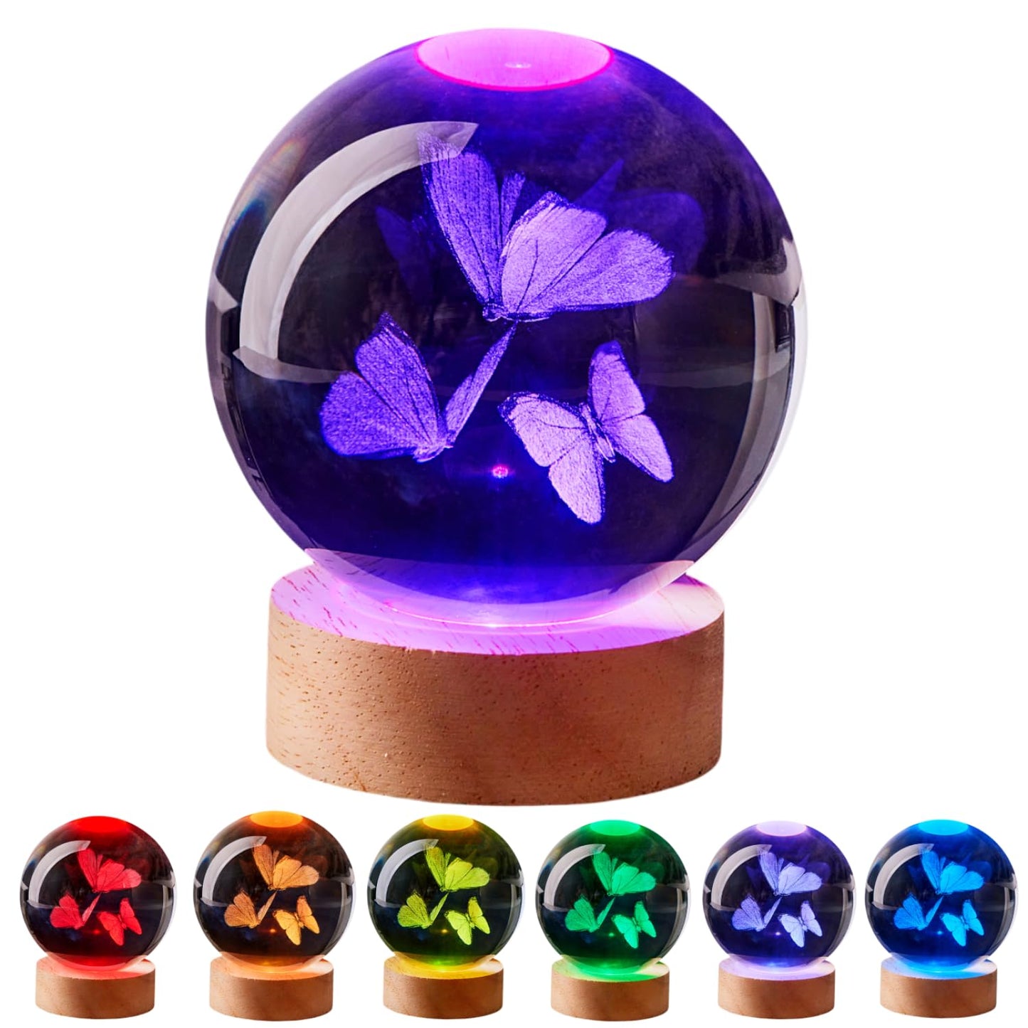 3D Butterfly Crystal Ball Lamp, Upgraded 3.15 Inch Butterflies Crystal Ball Night Light with 16 Colors LED Wooden Base, Remote Control, Gift Box