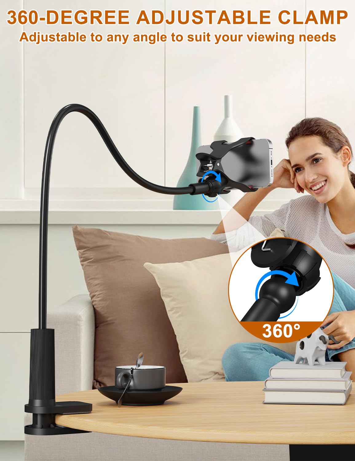 Crnthyr Phone Holder for Bed, Gooseneck Phone Holder for Desk Bedside Table, Flexible Gooseneck Long Arm Stand with Adjustable 360°Cell Phone Mount
