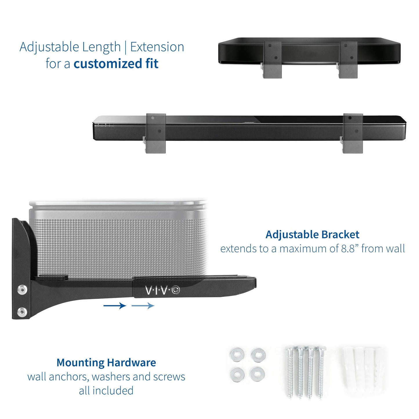 VIVO Steel Universal Dual Soundbar Wall Mount L Brackets, Adjustable Extending Speaker Arm Holders, Black, Mount-SPSB4
