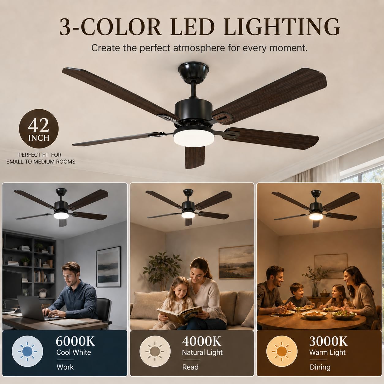 STANDLE 42 Inch Ceiling Fans with Lights and Remote Control, Black