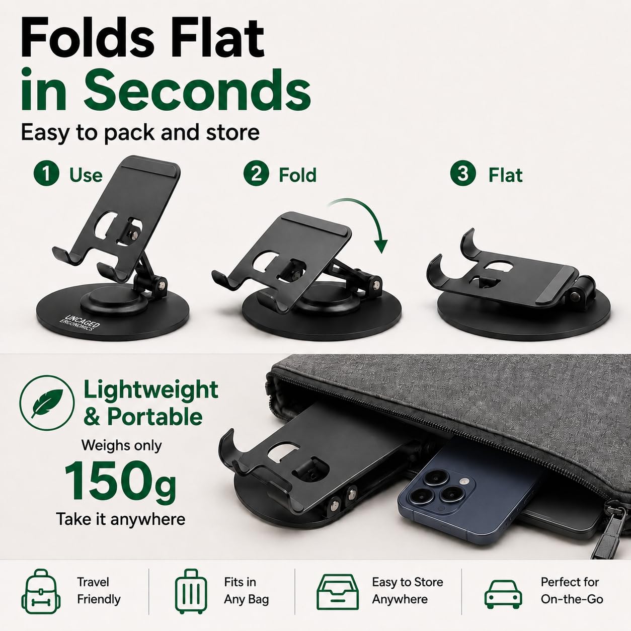 Uncaged Ergonomics 360° Swivel Rotating Adjustable Phone Stand for Desk, Portable & Foldable Cell Phone Stand for Desk, Compact Mobile Stand