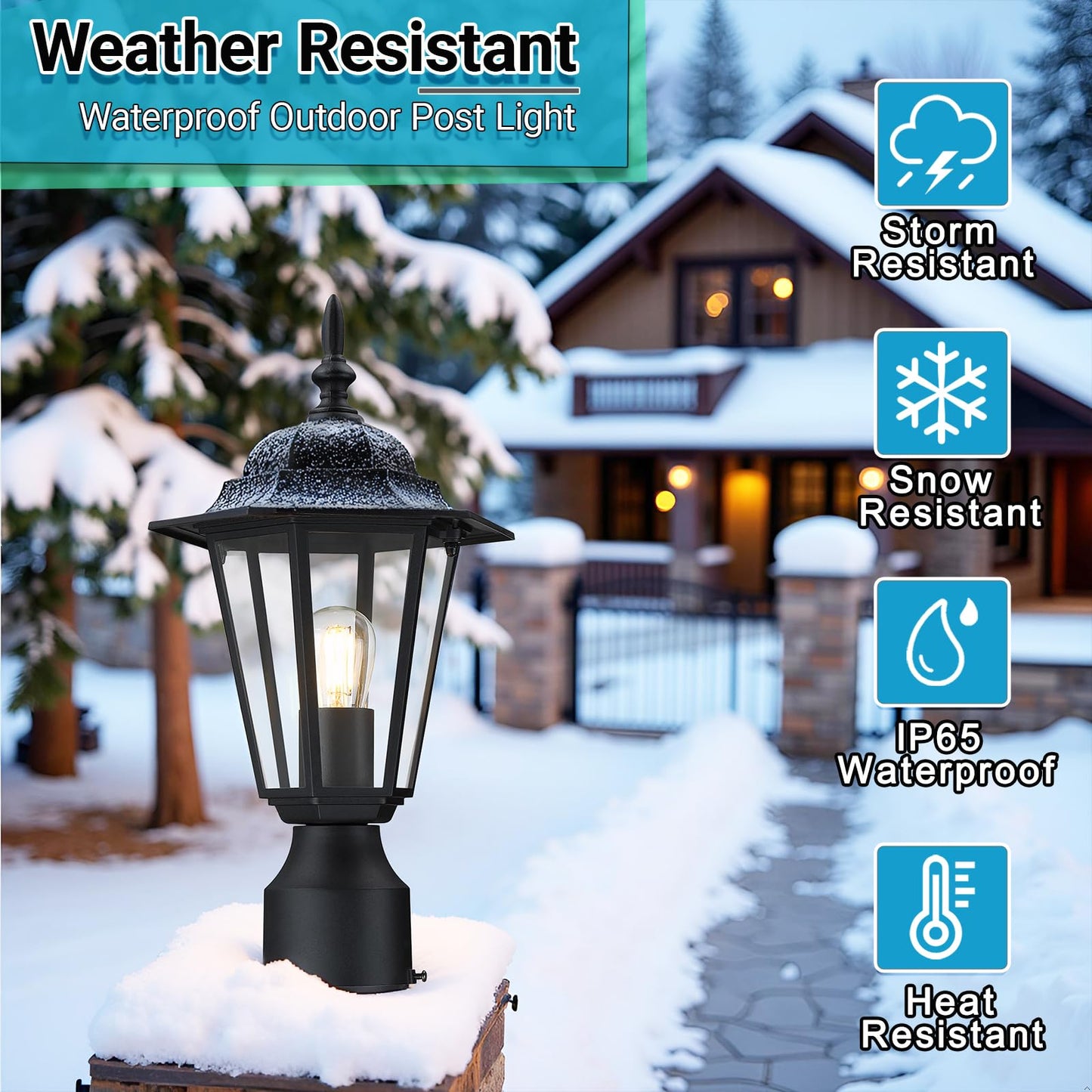 GRUENLICH Outdoor Post Light, Black Waterproof Lamp Post Lights Fxiture, Aluminum Pole Lantern for Outside Yard Pathway Garden, 2 Pack