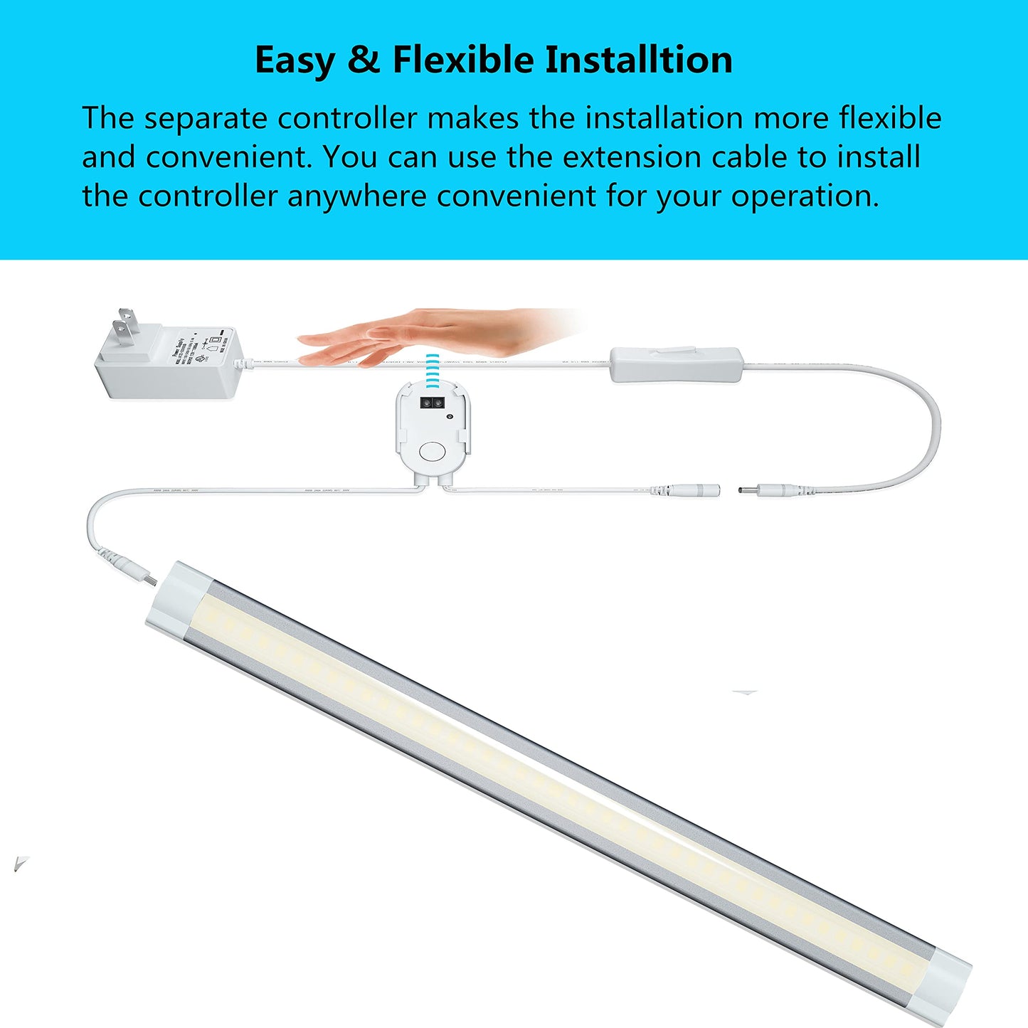 Under Cabinet Lighting LED 20In Kitchen Under Counter Light Fixtures Dimmable with Manual Sensor Control,Desk,Over Sink,Tool Box Hutch Light Bar Plug