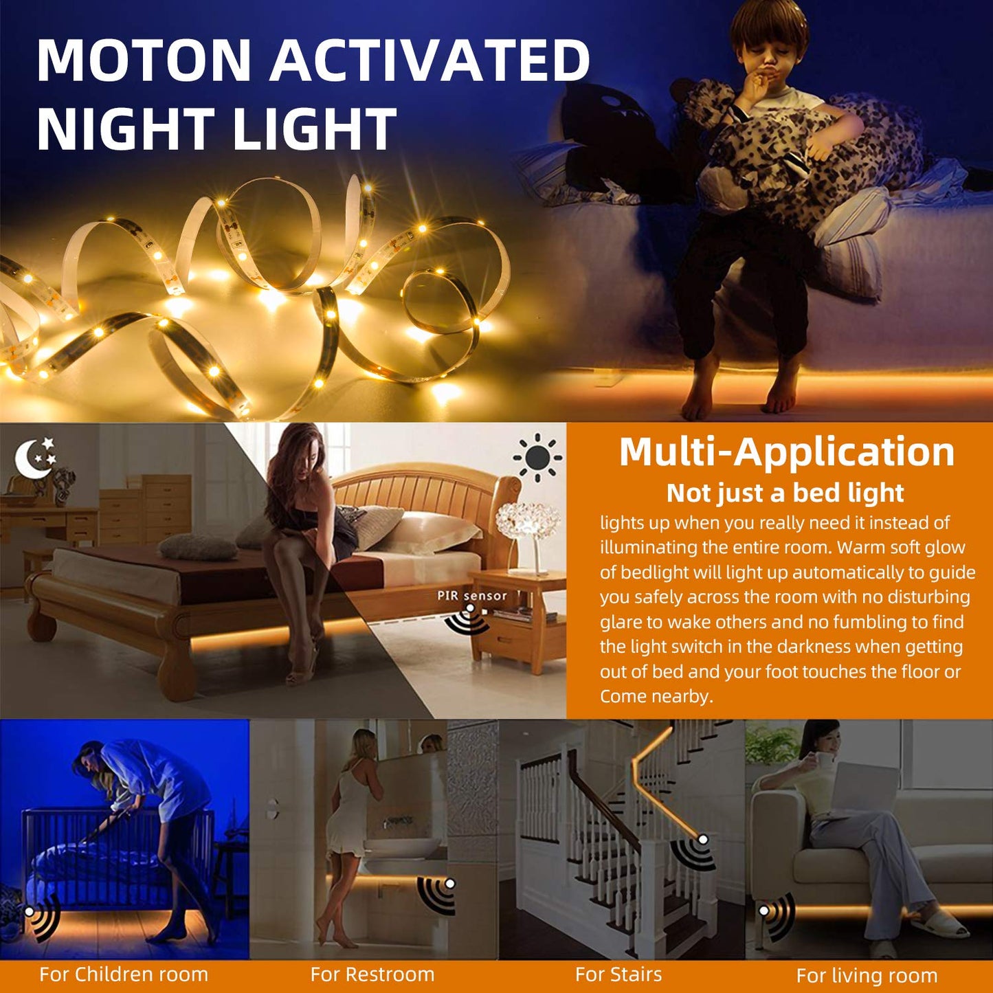 HOUHUI Motion Sensor LED Light Strip, 2PCS 9.8Ft Motion Sensor Light Indoor with Automatic Shut-Off Timer, Motion Activated Bed Lights Under Cabinet