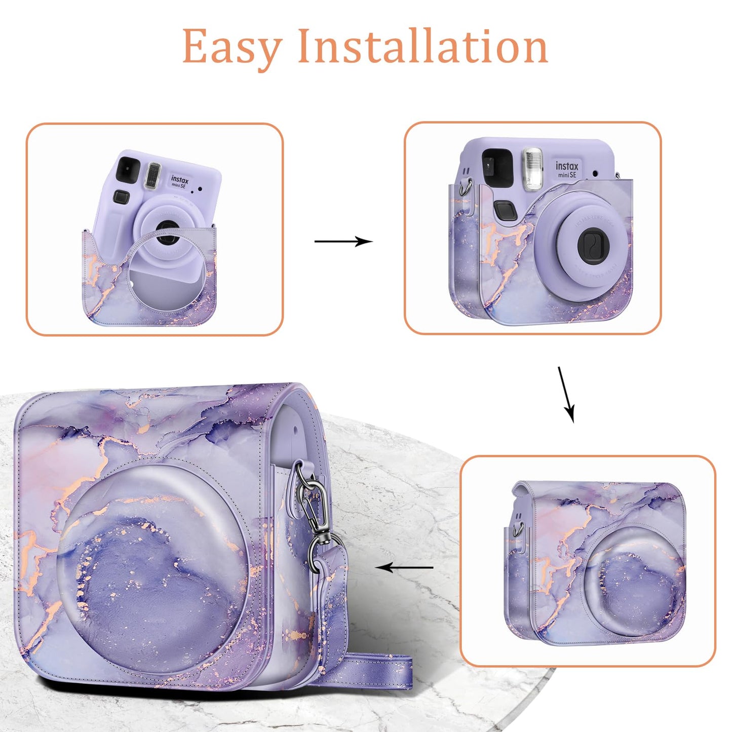 Fintie Protective Case for Fujifilm Instax Mini SE Instant Camera - Premium Vegan Leather Bag Cover with Removable Adjustable Strap, Lilac Marble