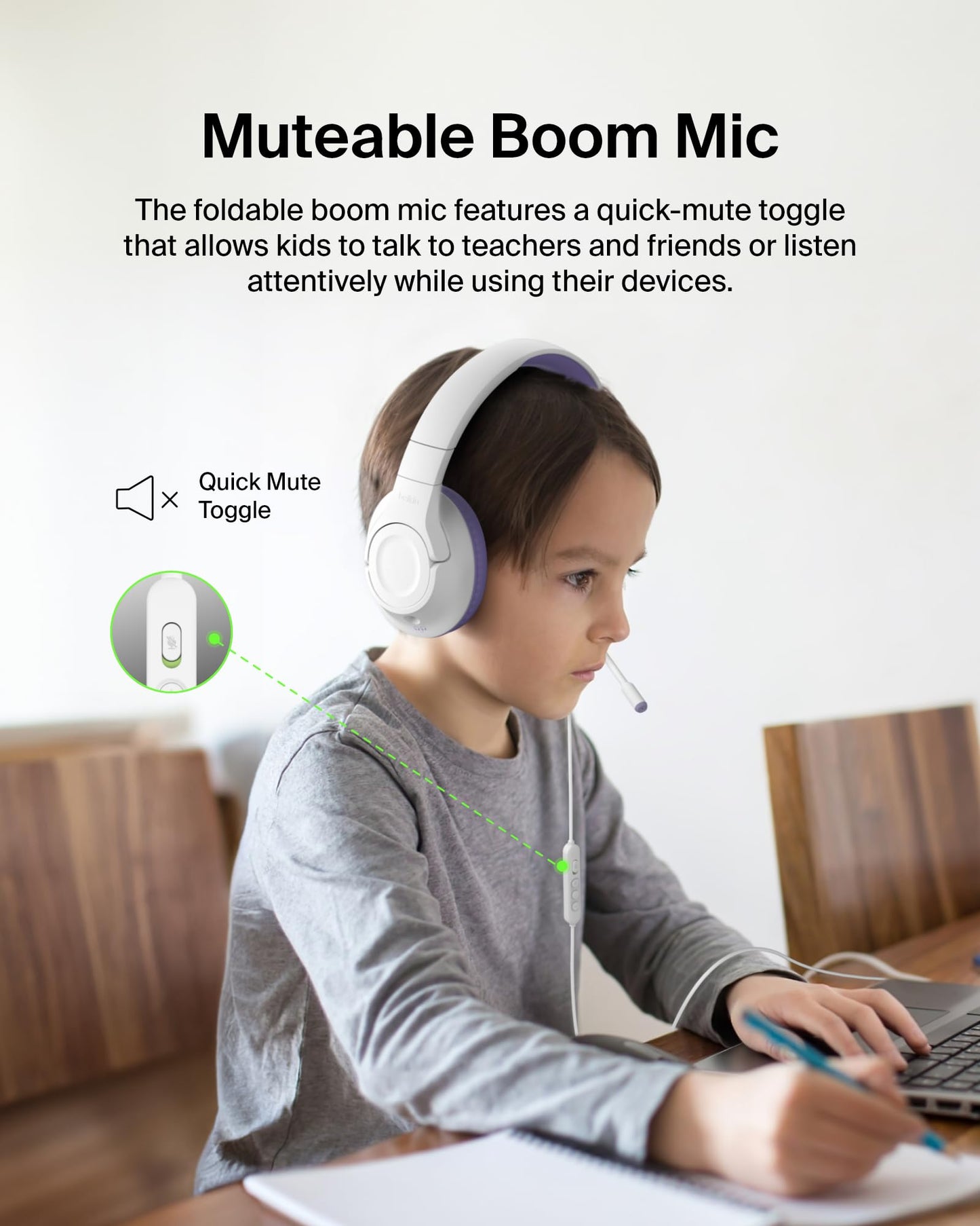 Belkin SoundForm Inspire Wired Over-Ear Headset for Kids, Online Learning & Travel w/Built-in Boom Mic, 85dB Safe Volume Limit - USB-C & 3.5mm