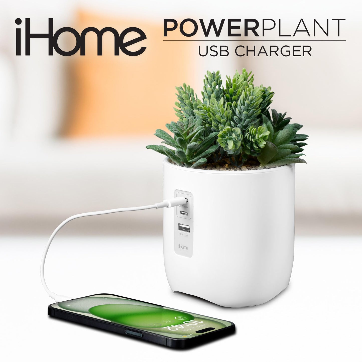 iHome PowerPlant Charging Station, Faux Succulent with USB Charging Station for iPhone, Android, and More - White (iPP45)