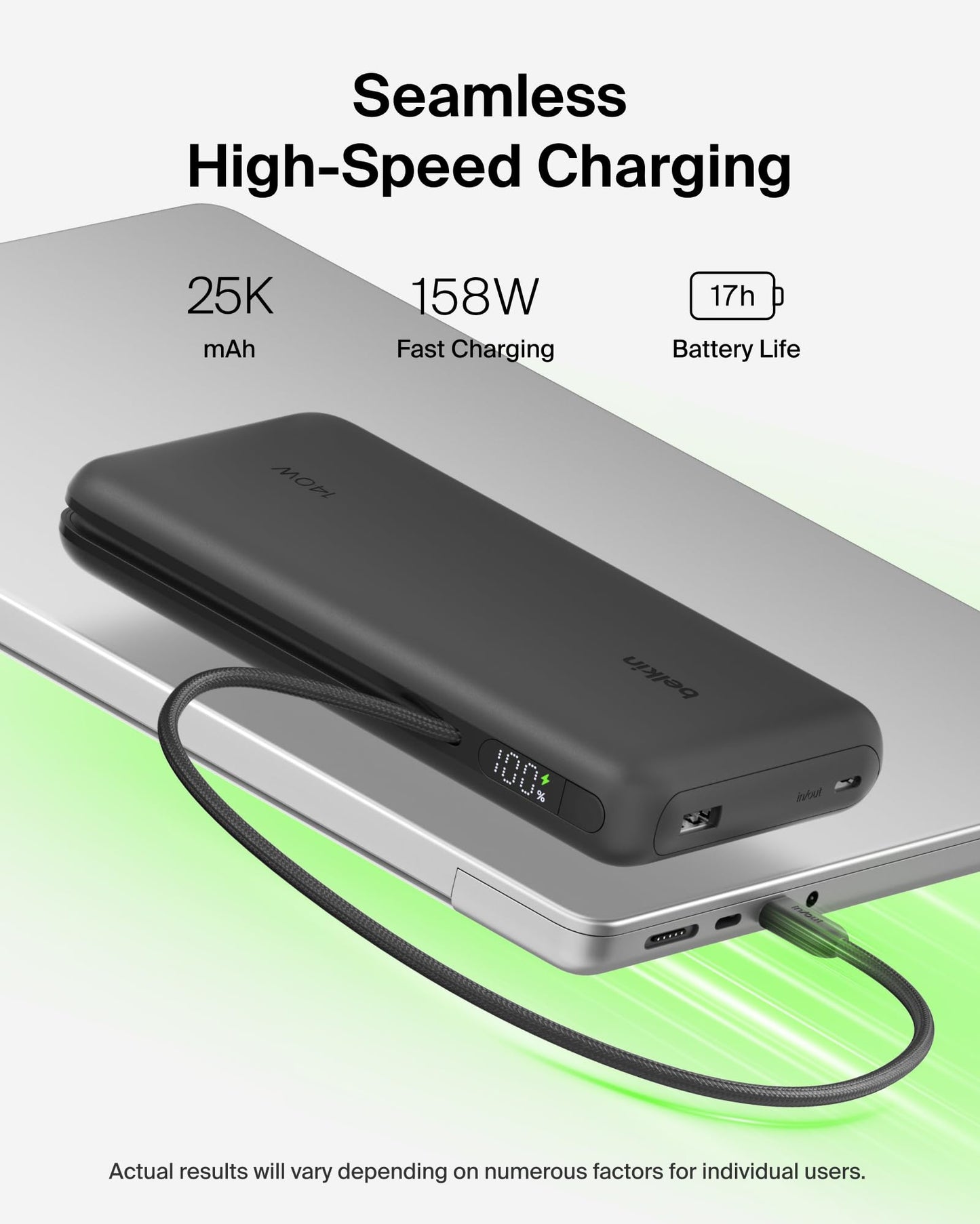 Belkin Portable Charger 25K, Power Bank with Integrated USB C Cable, 158W - Fast Charging Laptop Portable Battery Pack for MacBook Pro 14, iPhone 17
