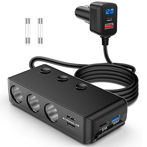 Nilight 9 in 1 Cigarette Lighter Adapter Splitter QC 3.0 3 Sockets 4 USB Ports Power Splitter with PD/QC 3.0 Independent Switches LED Voltage Display