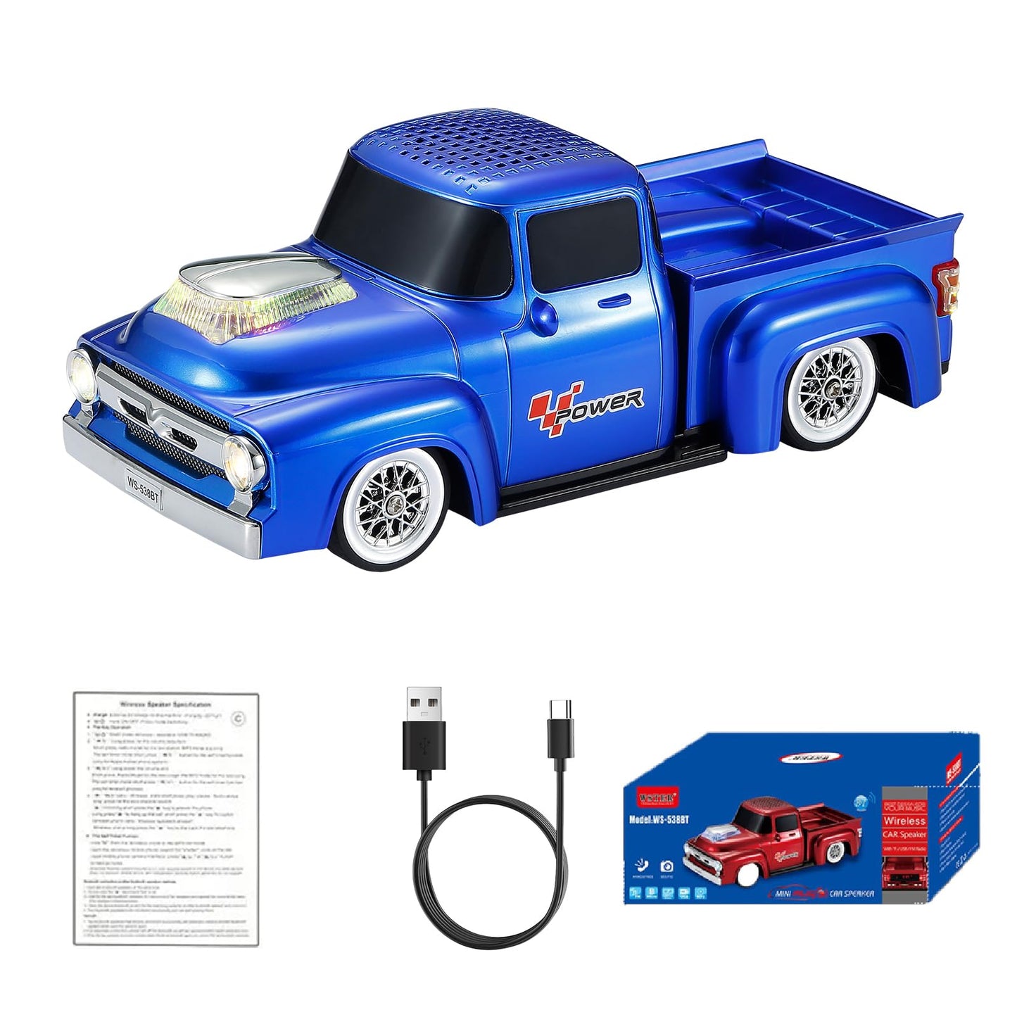 WSTER WS-538 Retro Pickup Truck Bluetooth Replica Speaker - Portable Wireless Car Model Speaker with FM, TWS, LED Party Lights, USB/TF Playback