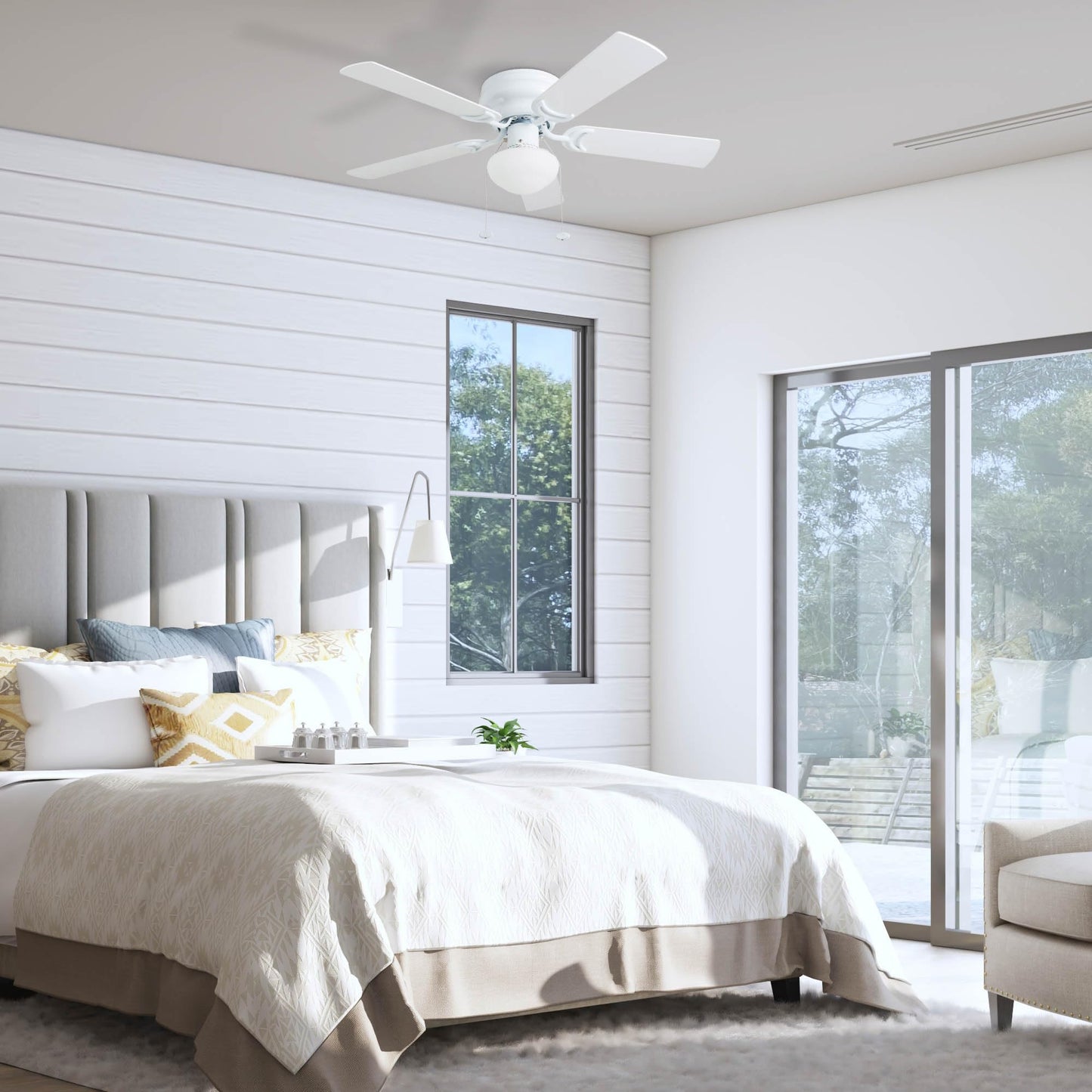 Prominence Home Alvina 42" Traditional Ceiling Fan, LED Flush Mount Light Fixture, White - Large Indoor Modern Electric Fan with 800 Lumens, 5