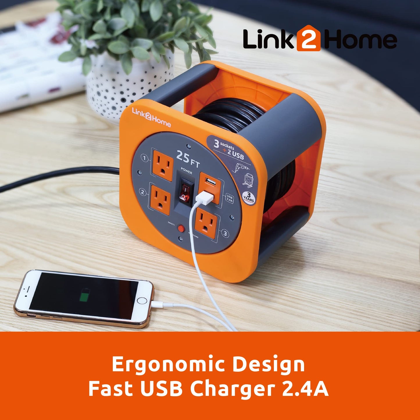 Link2Home Cord Reel 25 ft. Extension Cord 4 Power Outlets, 2 USB Ports, 2.4A Fast Charge - 16 AWG SJT Cable.