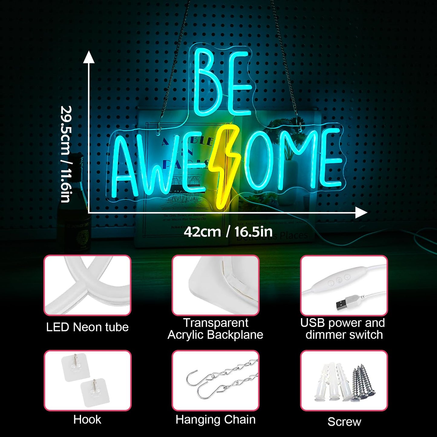 Be Awesome Neon Sign For Wall Decor Dimmable Words Led Light Up Sign Usb Powered Led Letters Neon Light For Classroom Bedroom Library Study Room