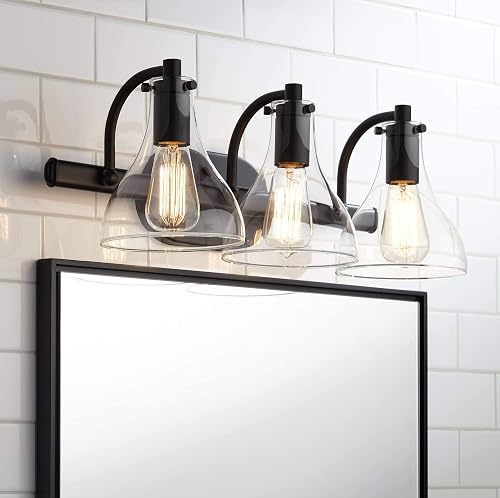 Possini Euro Design Sorren Industrial Modern Wall Light Black Metal Hardwired 20 1/2" 3-Light Fixture Curving Clear Glass Shade for Bedroom Bedside