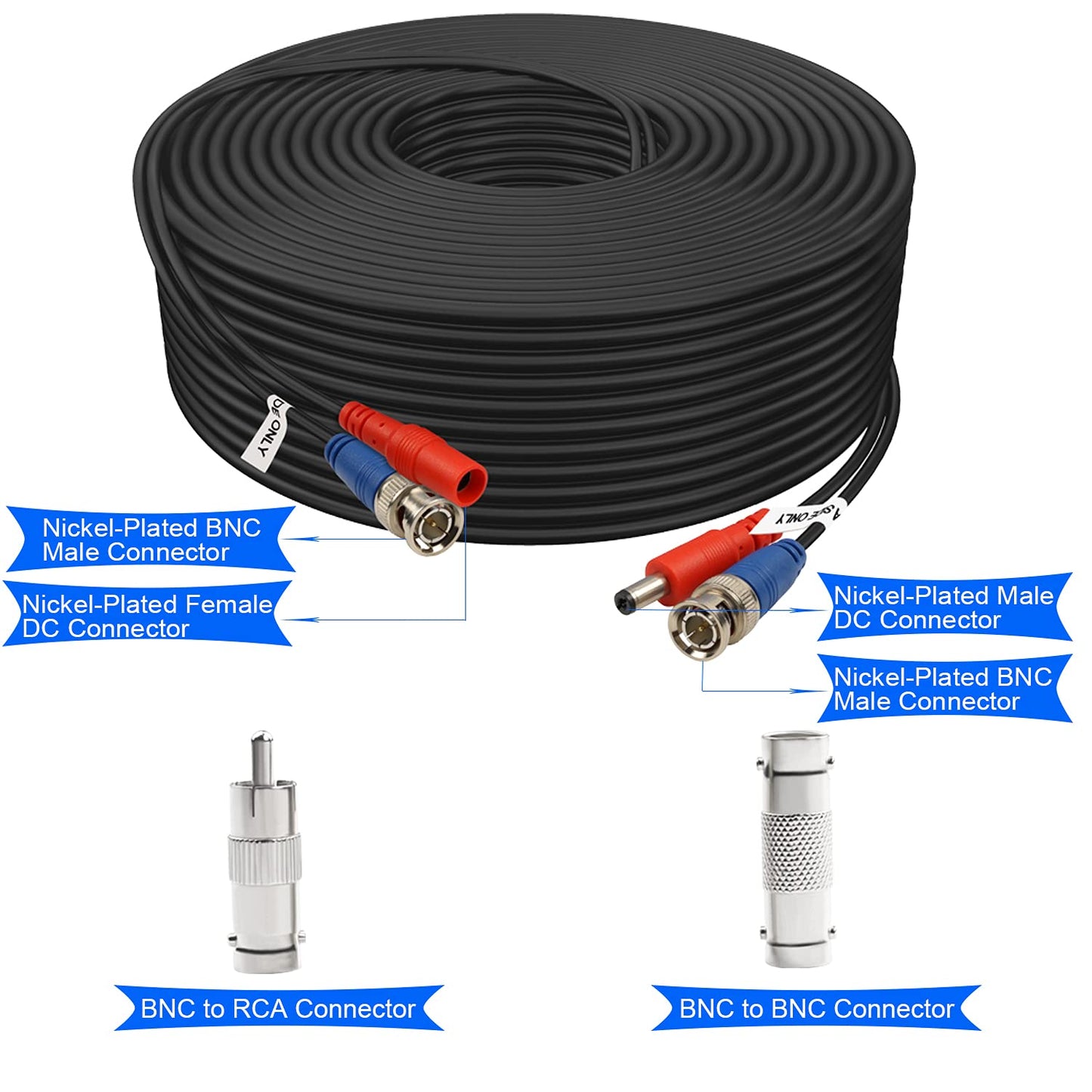 BNC Cable 200ft 2 Pack Aimyzii BNC Video Power Cable,Security Camera Cable for CCTV Camera DVR Security Systems(Included 4X BNC Adapters,50 Pcs Cable