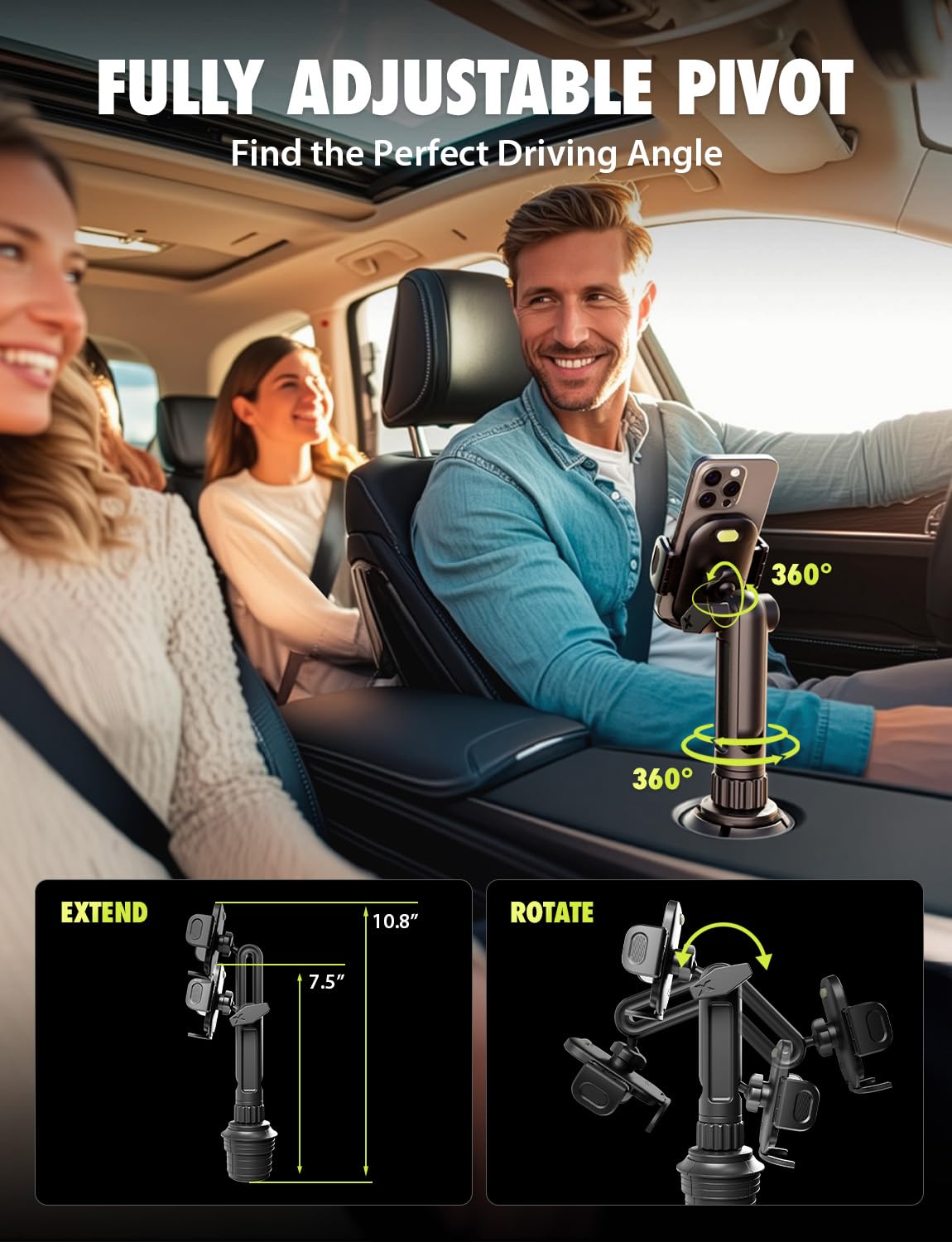 Bracketron TripGrip Extend Cup Holder Phone Holder - Universal Car Phone Holder Cup Holder Mount, 360° Rotation, Fits Devices Up to 4.2", GPS