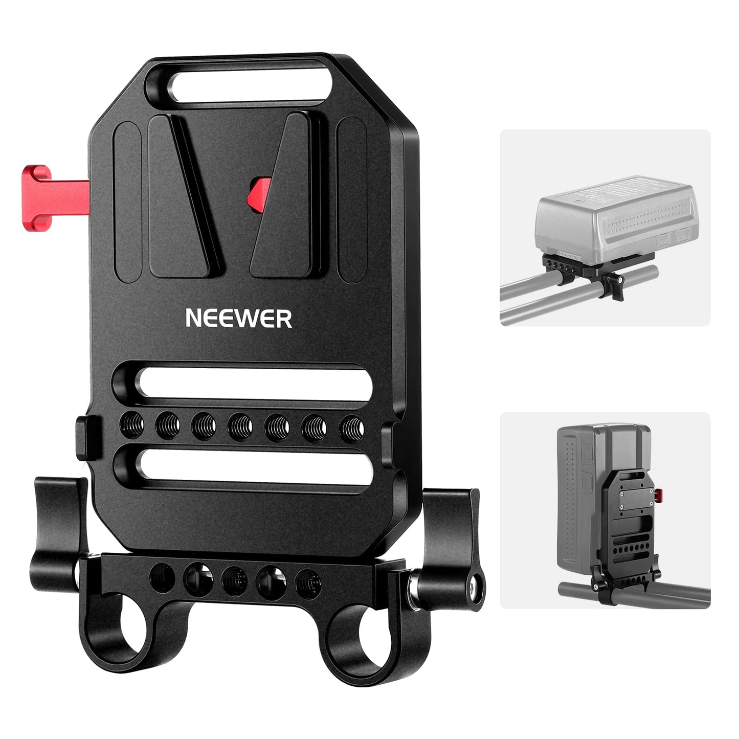 NEEWER V Mount Battery Plate with Dual 15mm Rod Clamps, 1/4" & 3/8" Threads, Metal V Lock Battery Mounting Plate Fits Camera Rig Cage with 15mm Rail