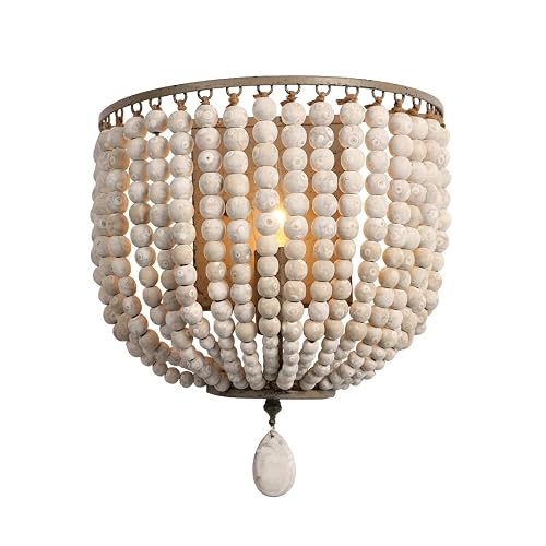 Newrays Vintage Wood Bead Wall Lamp Gray White Finishing Retro Antique with Hard Wired for Bedroom Fixtures