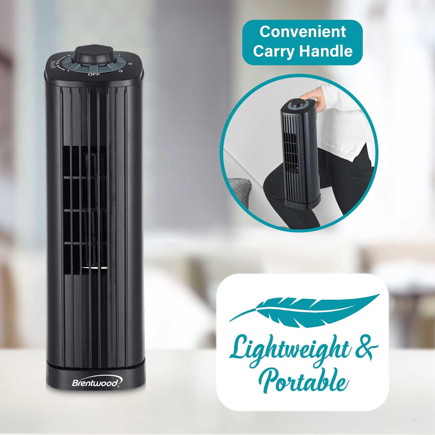 Brentwood Portable 14-Inch Personal Tower Fan with 3 Quiet Speeds, 16 FT/S Velocity, 50° Oscillation, Carry Handle (Black)