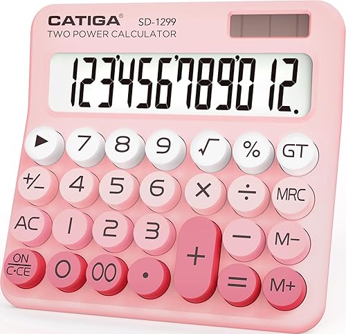 CATIGA Mechanical Switch Calculator with Solar and Battery Dual Power, 12-Digit Large LCD Display, Aesthetic and Cute Desktop Calculator with Big