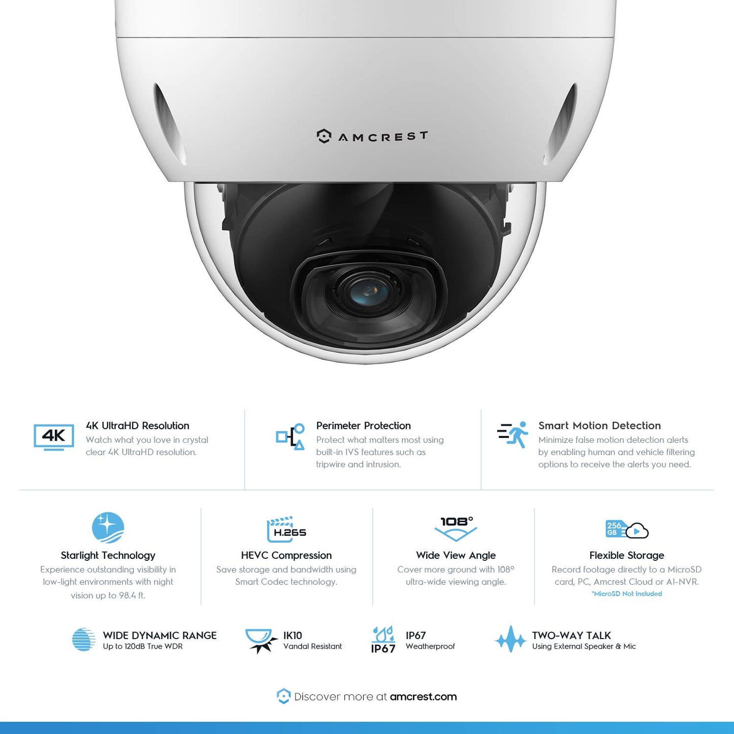 Amcrest UltraHD 4K (8MP) AI Outdoor Security POE IP Camera, 4K @30fps, Face Detection, Human & Vehicle Detection, IK10 Vandal Resistant Dome, MicroSD
