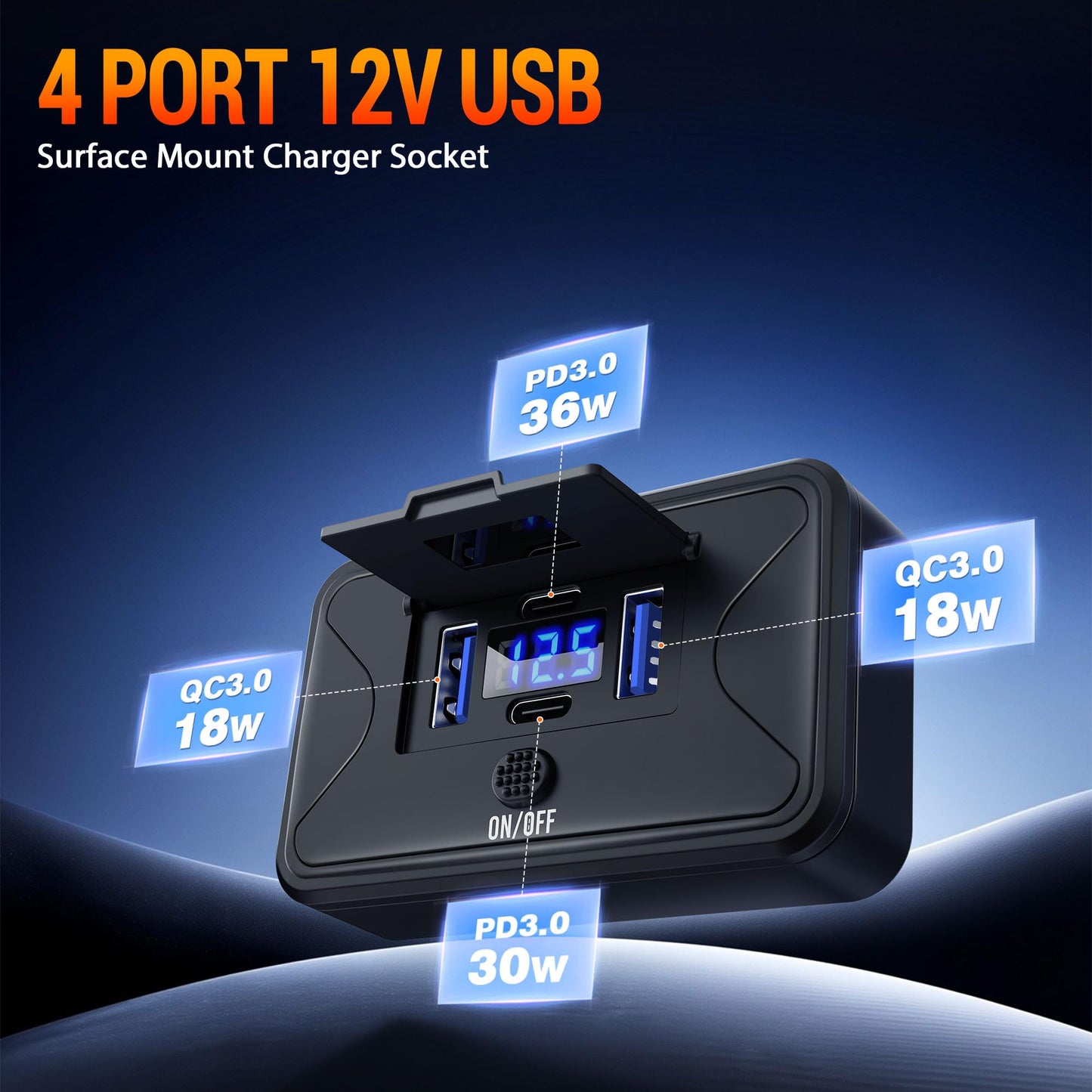 MNJ Motor 78W 4 Port 12V USB Outlet Wall Mount, Charger Socket Panel Surface Mount with LED Voltage Display ON/Off Switch, Dual 36W & 30W PD & Dual